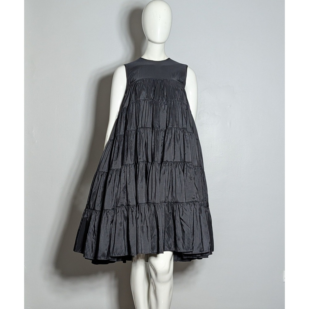 Cecilie Bahnsen Emmi Faille Tiered Midi Dress Black UK10 US6 Sleeveless